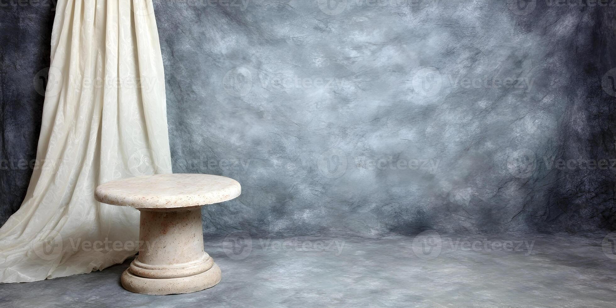 Studio Photography Background Grey Wall Drape Stone Pedestal Tabletop Still Life Setup photo