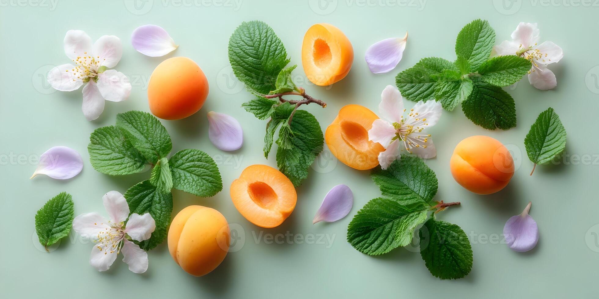 Apricots and Flowers on Green Background Flatlay Composition photo