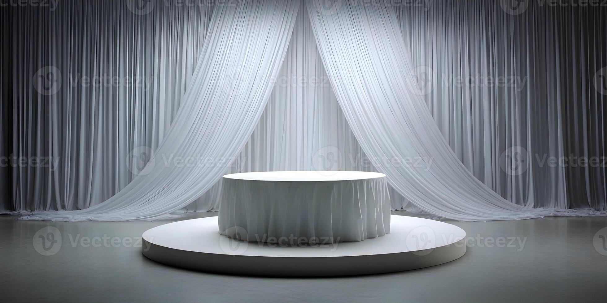 White Tablecloth Round Table on Circular Podium Elegant Draped Curtains Background photo