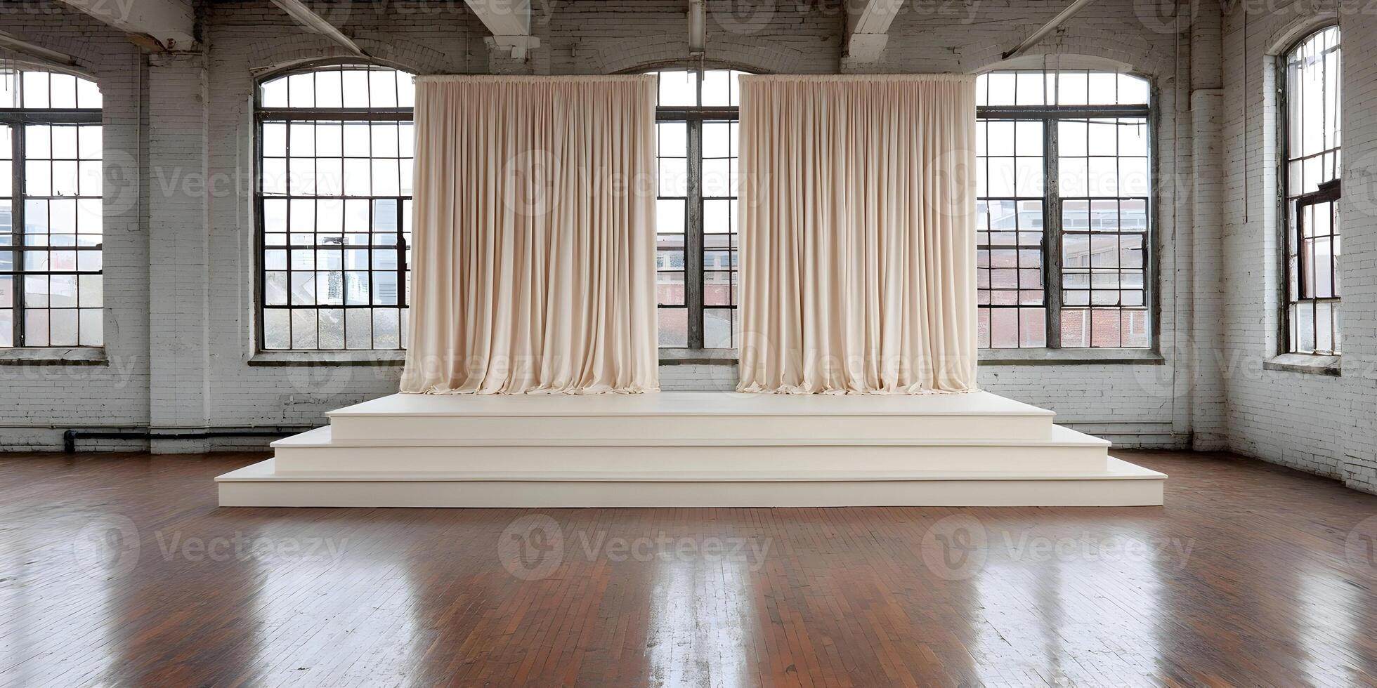 White Stage with Beige Curtains in Brick Loft Building photo