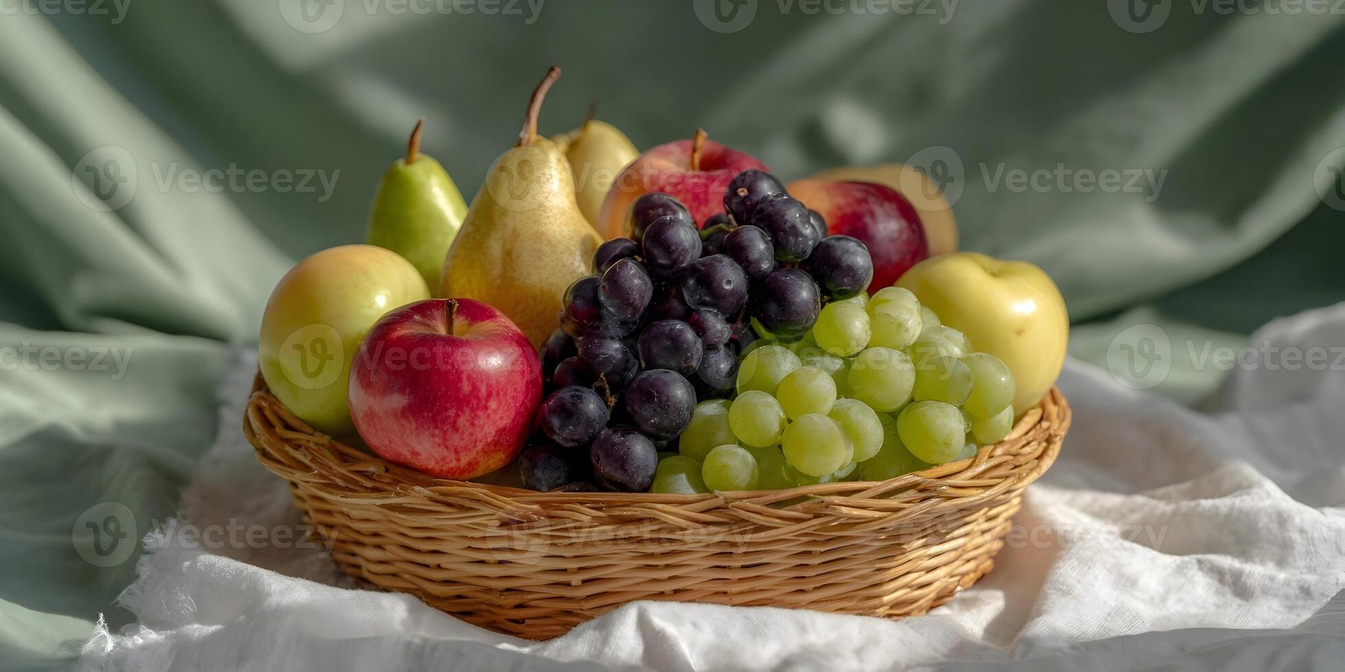 Wicker Basket Filled with Apples Pears and Grapes Fruit Still Life Photography photo