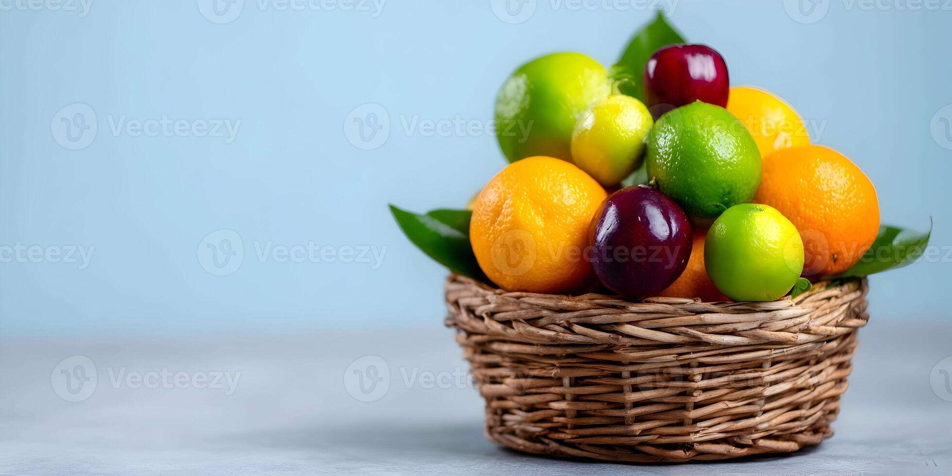 Wicker Basket Filled with Oranges Limes Lemons and Plums photo
