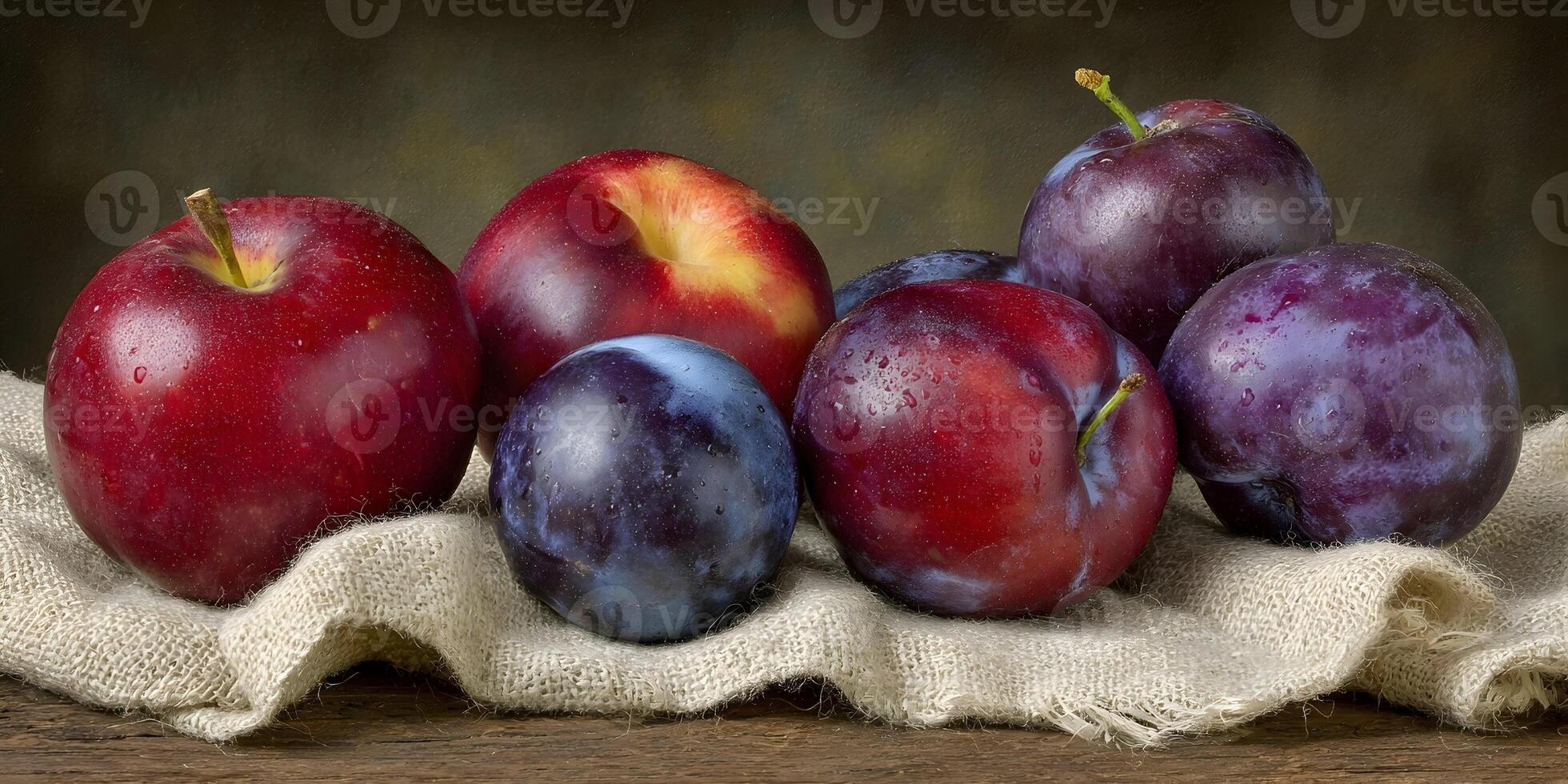 Red Apples and Plums Still Life on Burlap Fabric Rustic Wooden Tabletop Photography photo