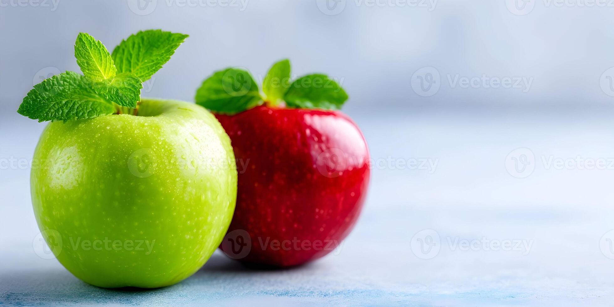 Fresh Green and Red Apples with Mint Leaves on Light Blue Background photo