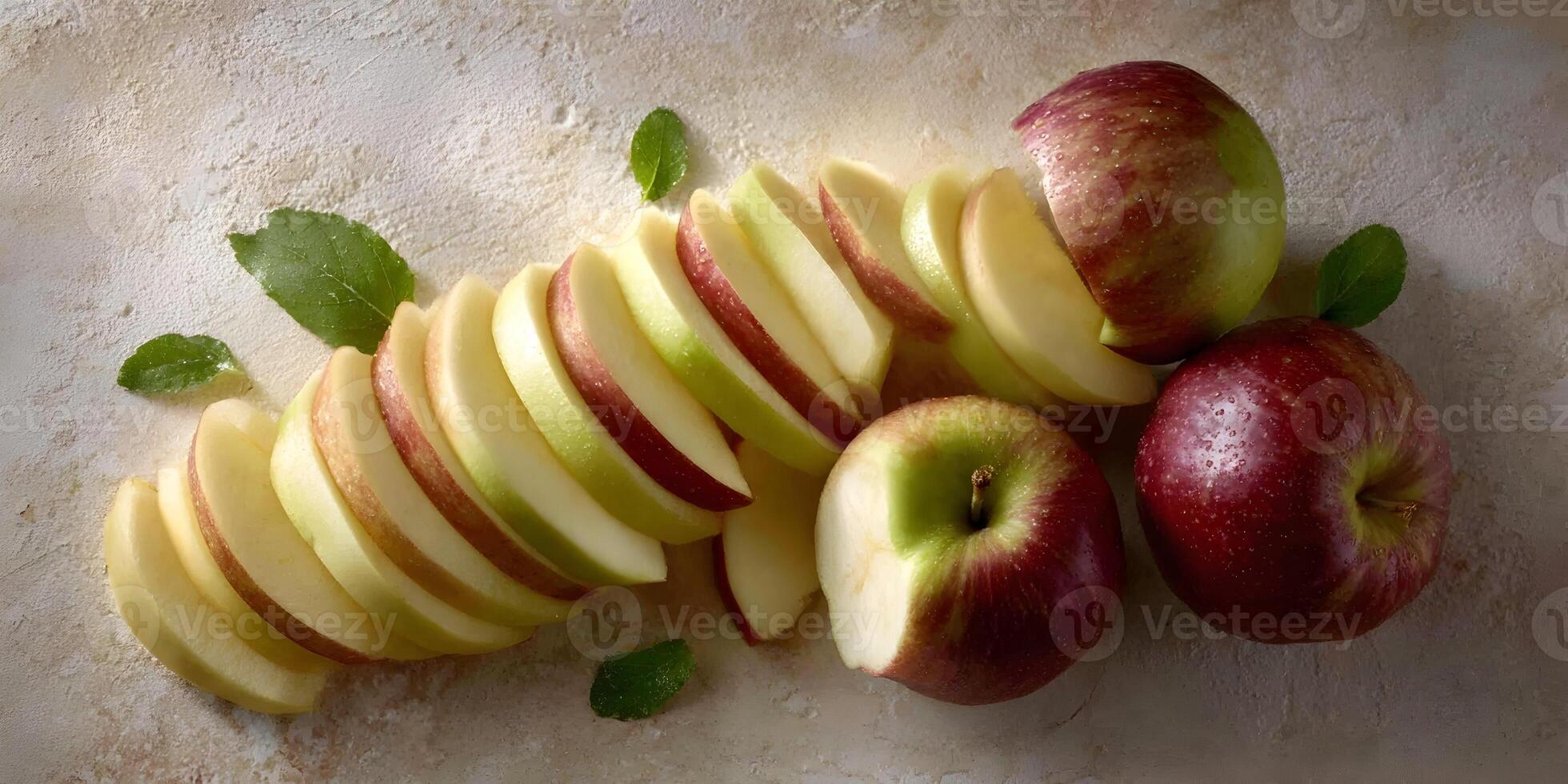 Sliced Apples with Red and Green Varieties and Mint Leaves on Beige Background photo