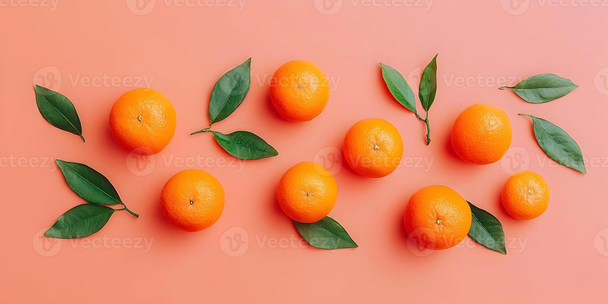 Flatlay Orange Fruits with Green Leaves on Coral Background photo