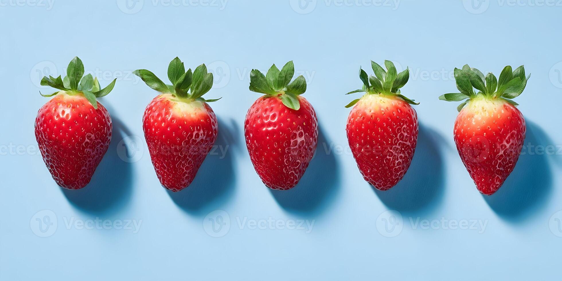 Five Ripe Strawberries in a Row on Blue Background Fresh Red Berries Summer Food photo