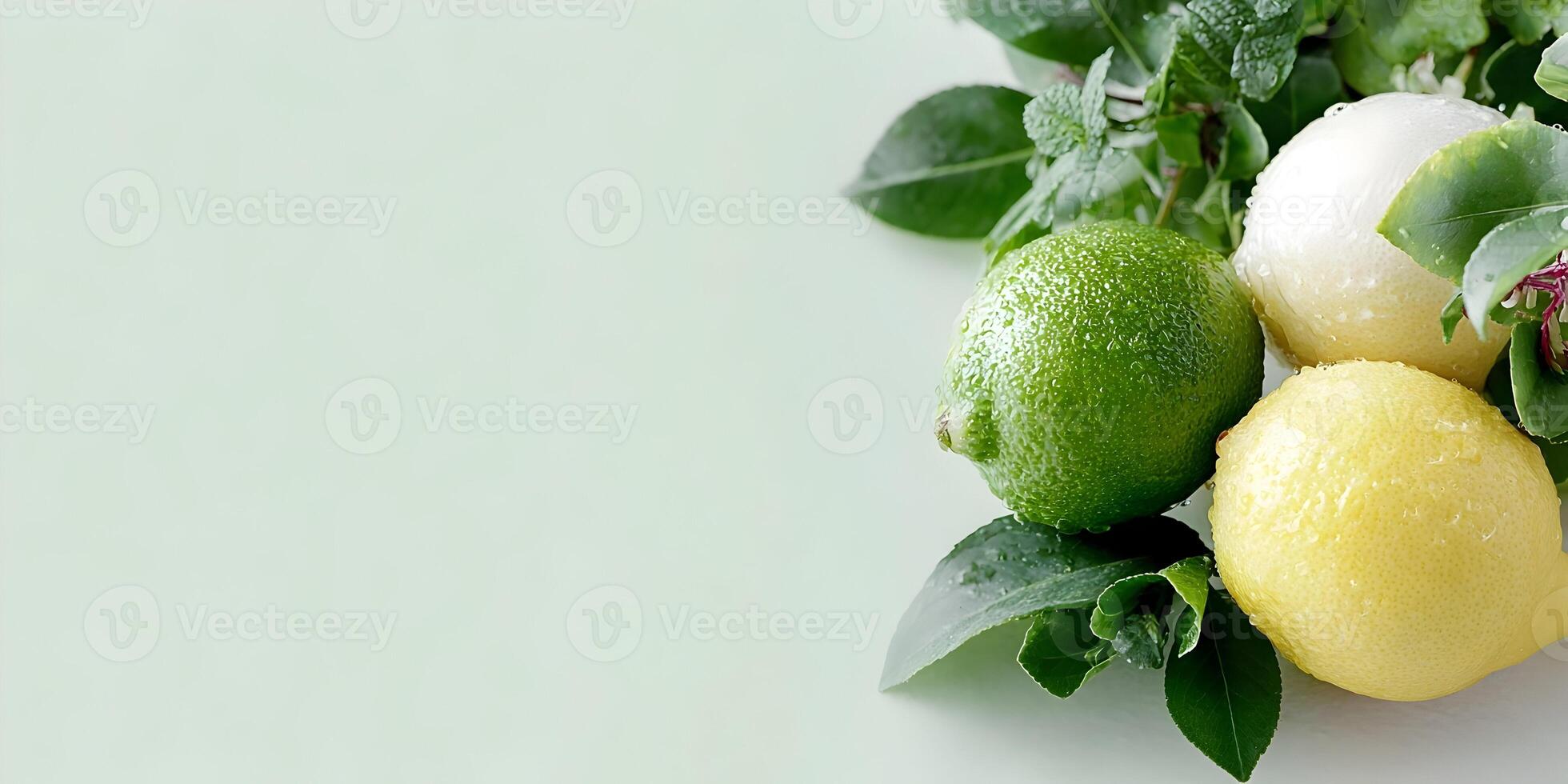 Fresh Lemons Limes and Mint on Green Background photo