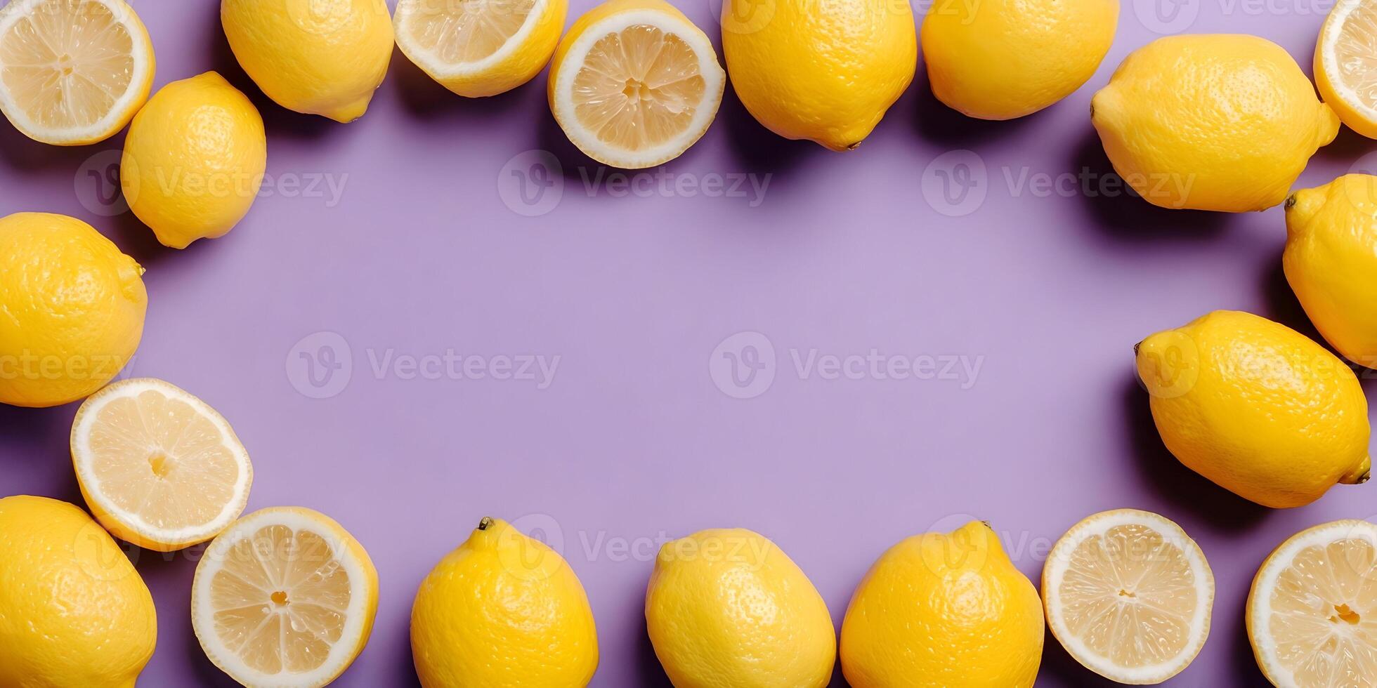 Frame of Lemons on Purple Background Fresh Citrus Fruit Composition photo
