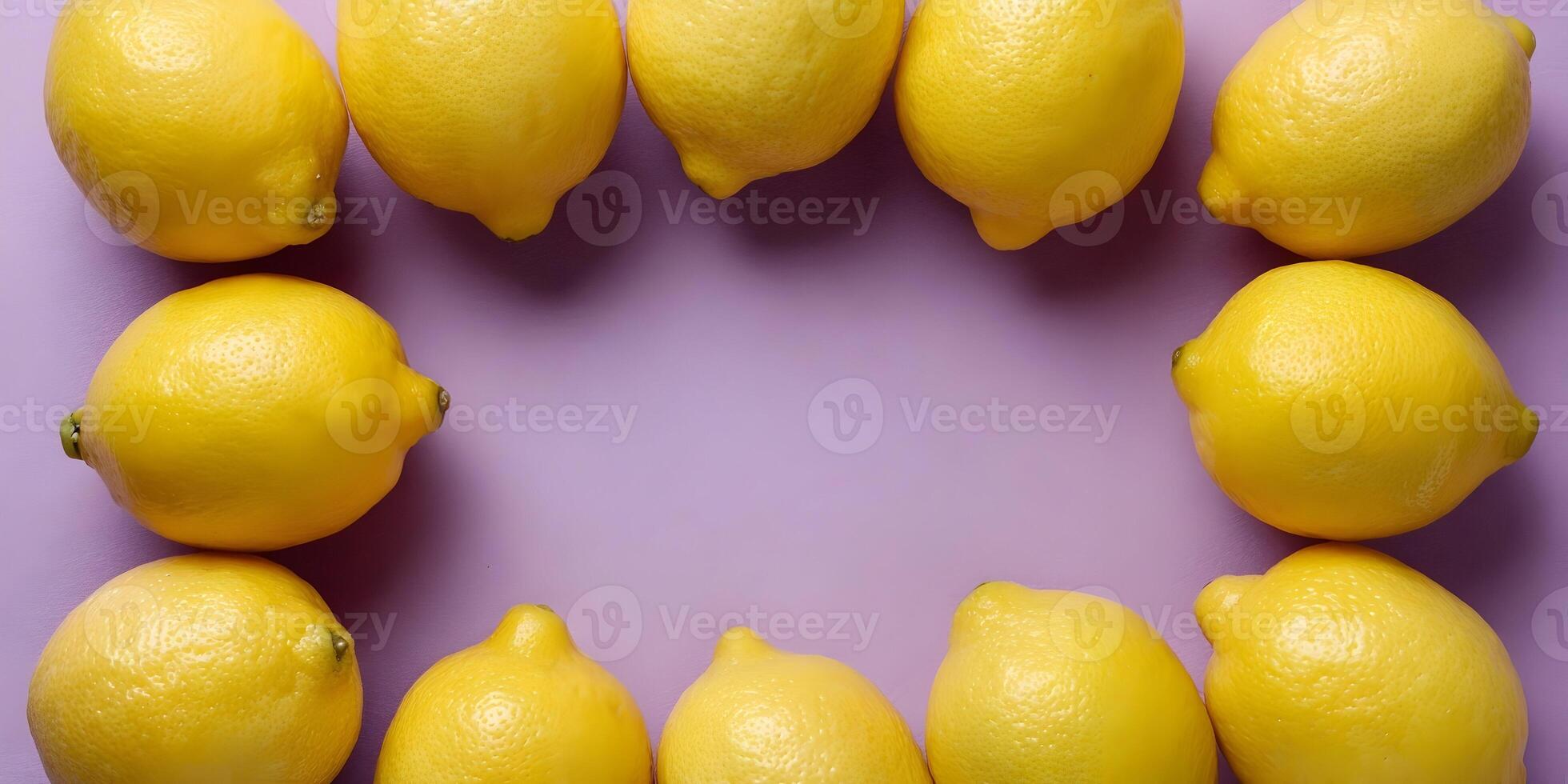 Frame of Lemons on Purple Background Citrus Fruits Arranged in Circle Food Photography photo