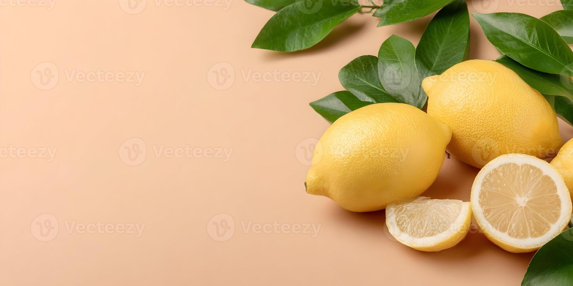 Fresh Lemons with Green Leaves on Beige Background Two Whole Lemons and Two Slices photo