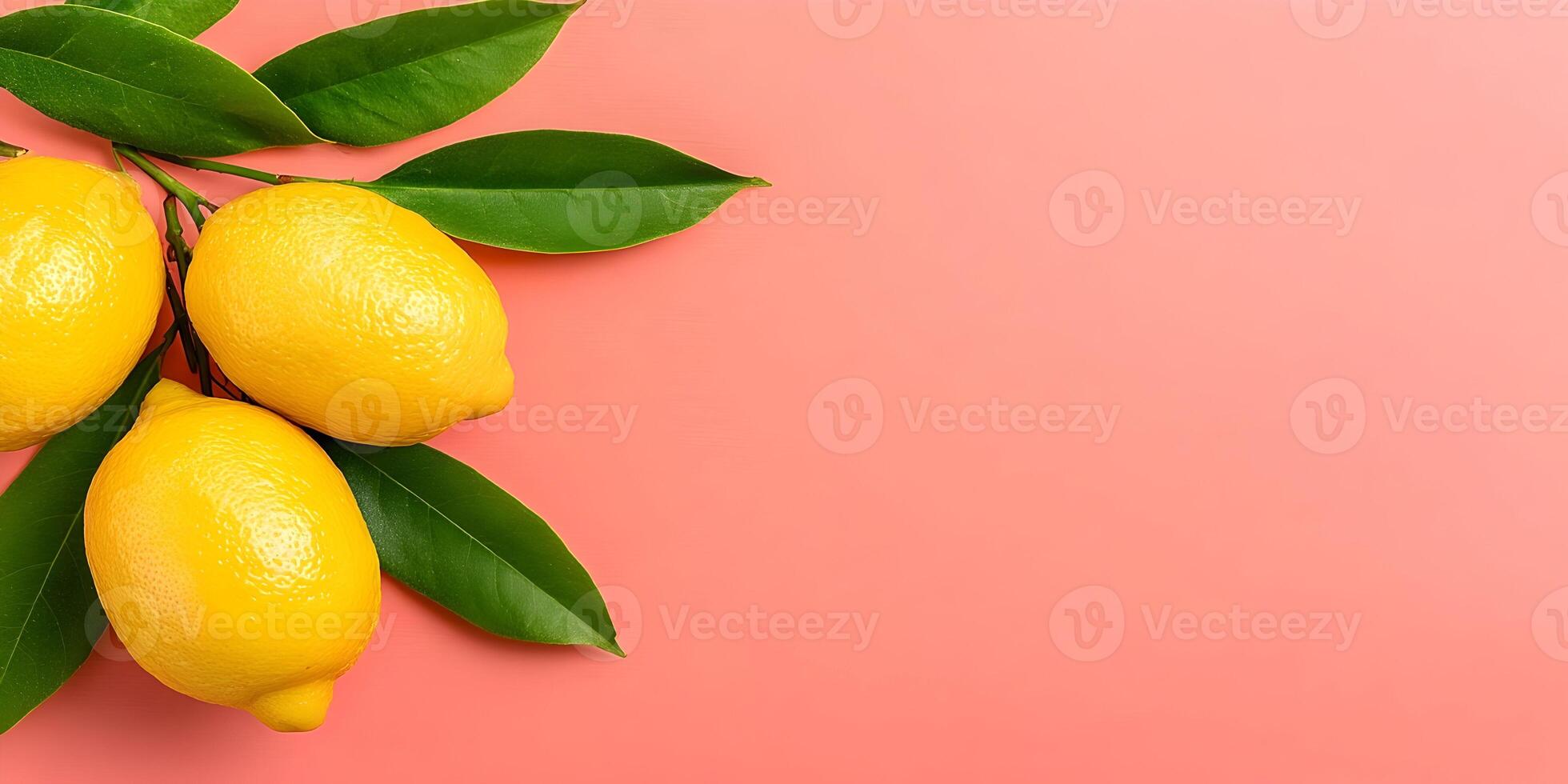 Three Lemons with Green Leaves on Coral Background photo