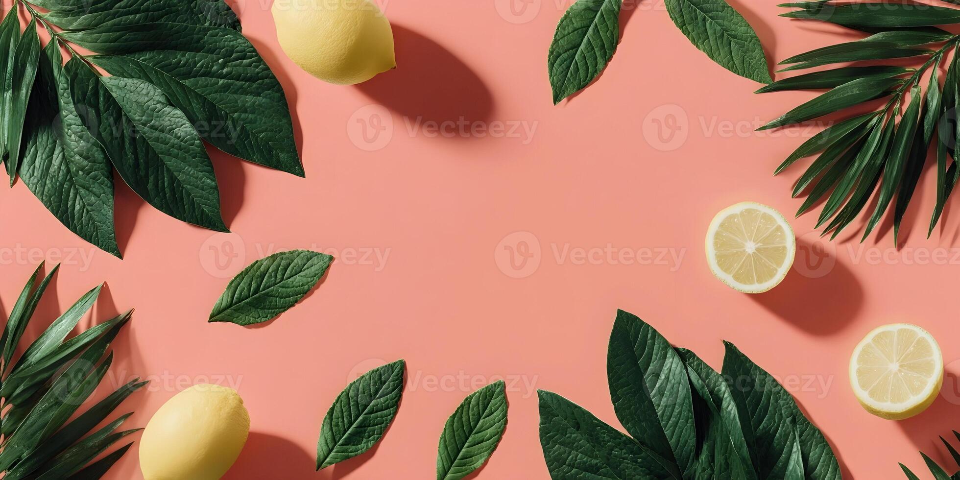 Lemons Tropical Leaves Coral Background Summer Design photo