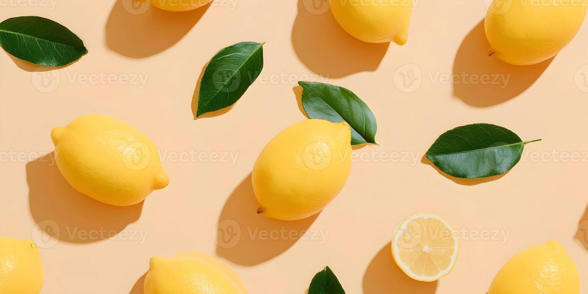 Fresh Lemons with Green Leaves Flatlay Photography Summer Citrus Fruit Pattern photo
