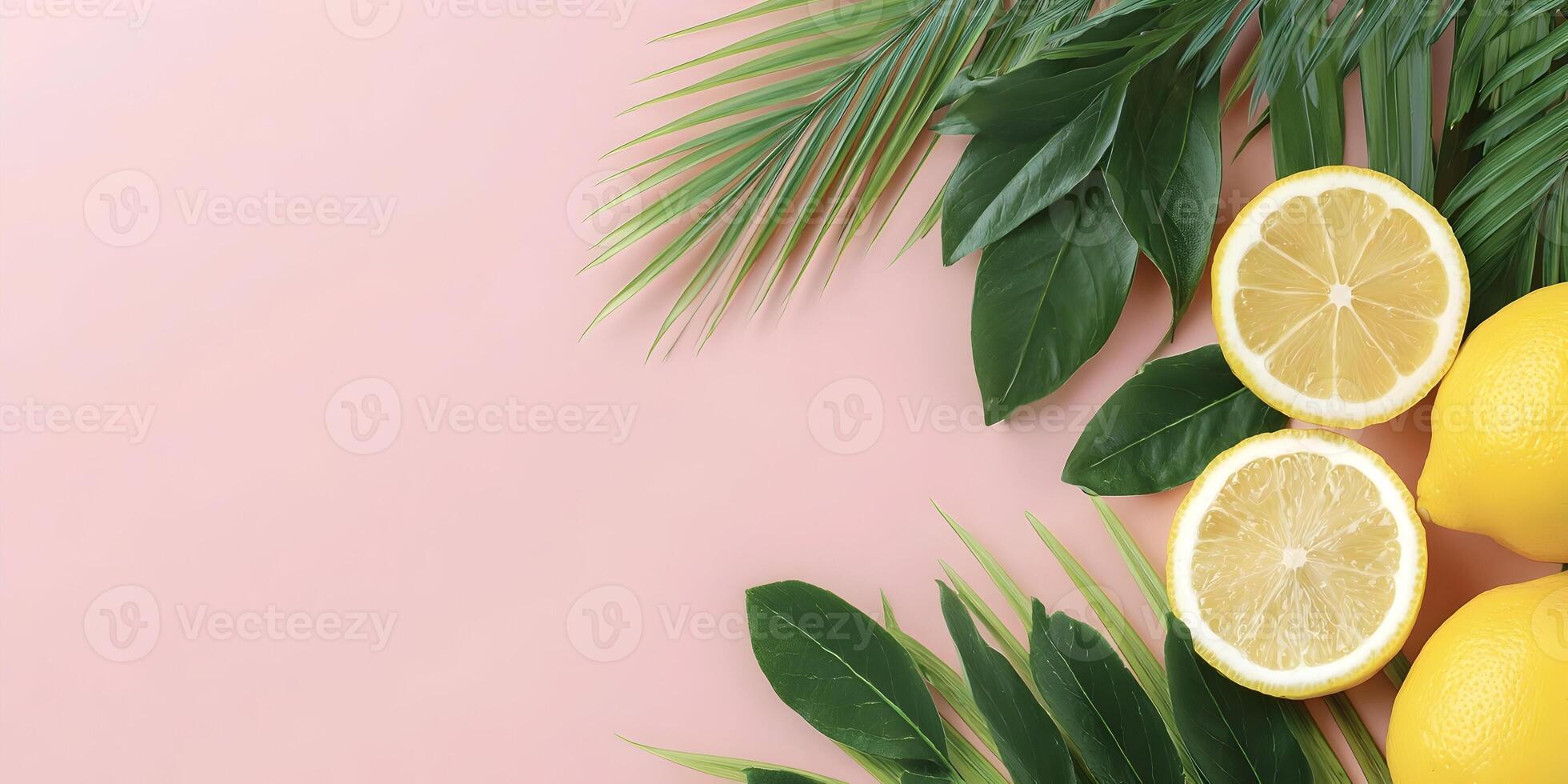Pink Background Lemon slices Tropical Leaves Flatlay photo