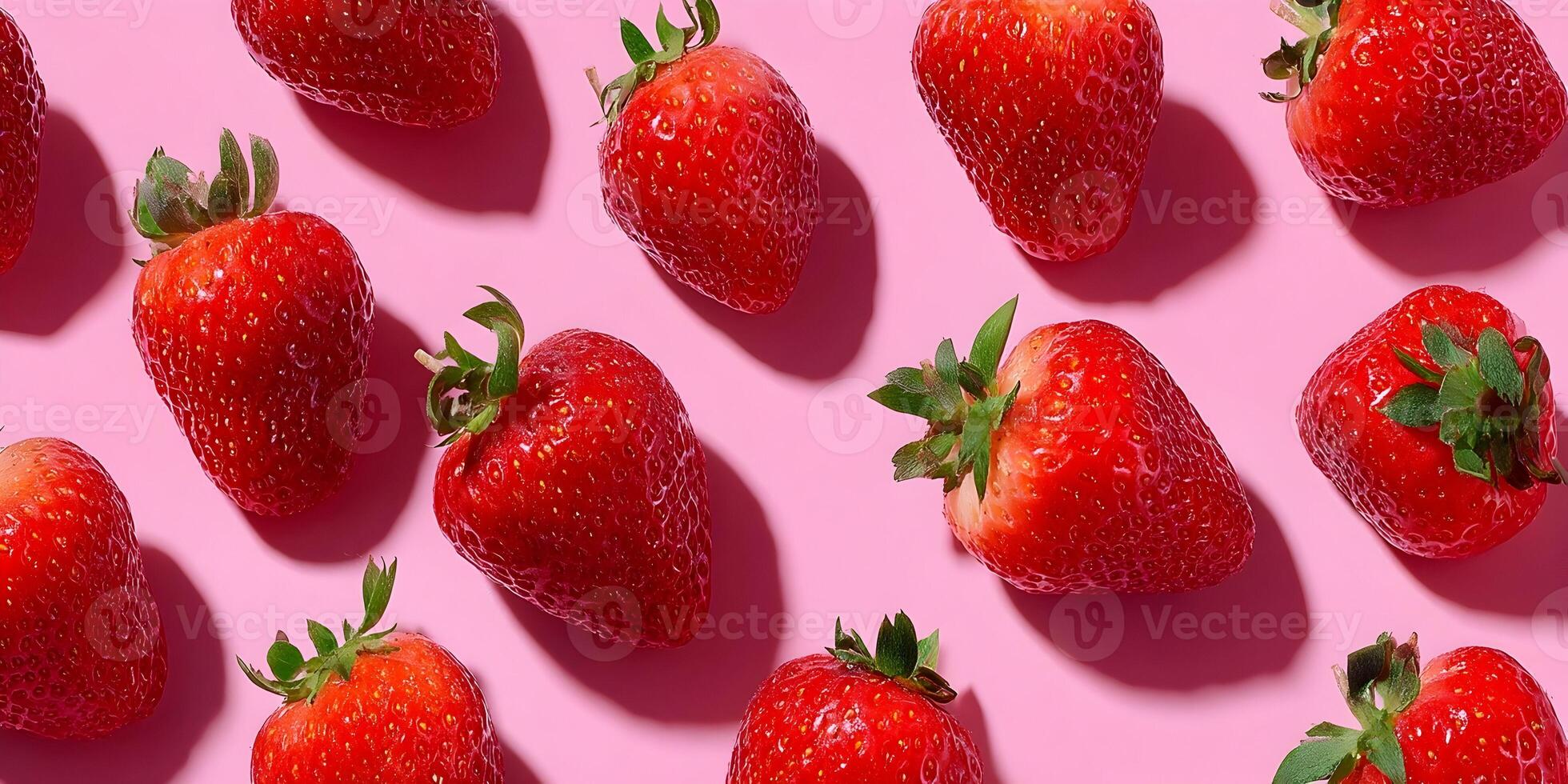 Pink Background Fresh Red Strawberries Pattern photo