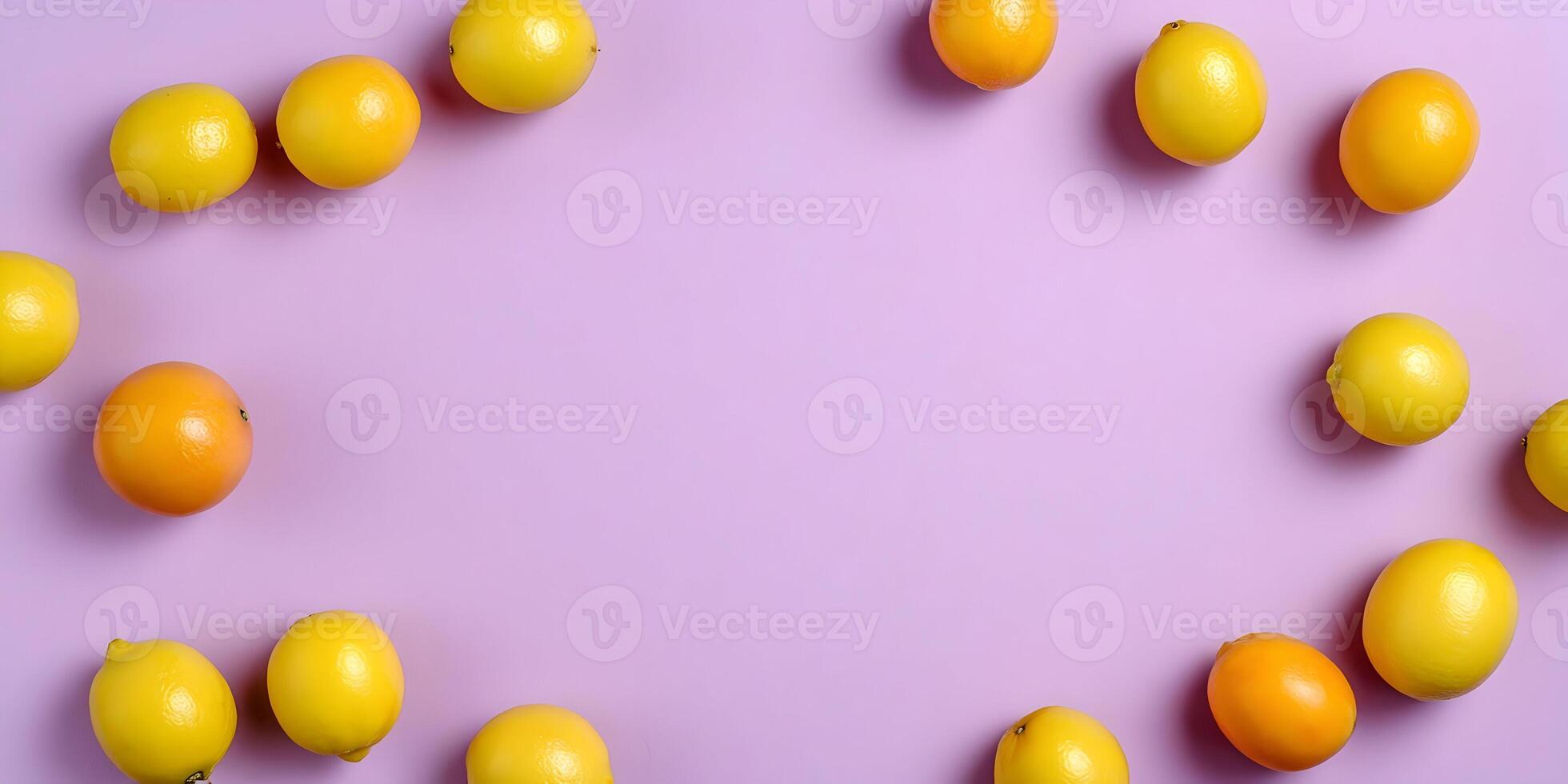 Frame of Lemons and Oranges on Purple Background Flatlay Photography photo