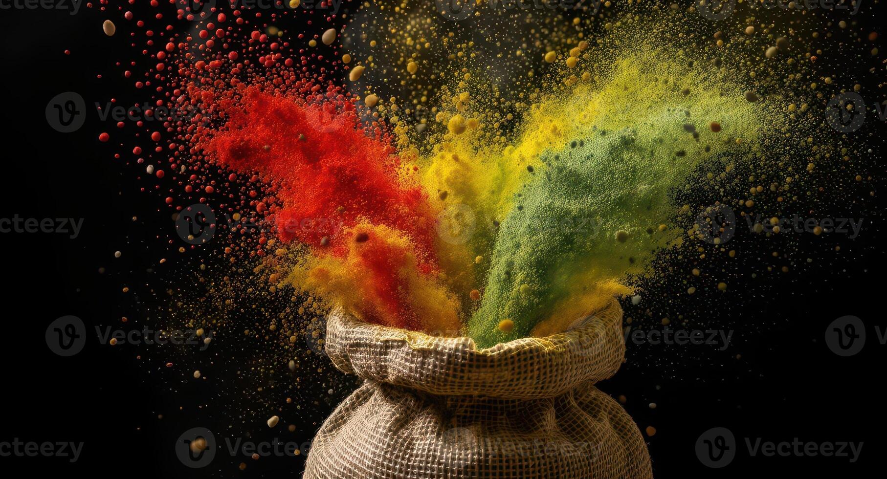 Vibrant explosion of colorful powder bursting from burlap sack photo