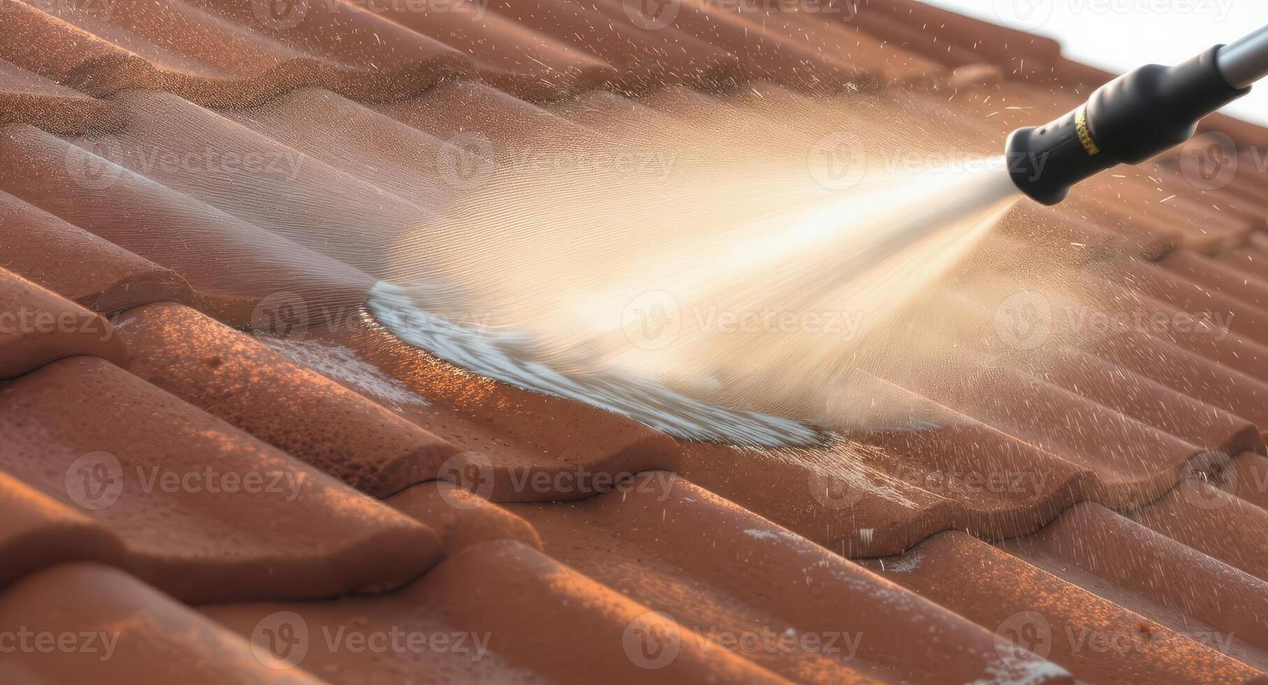 Close up of a power washer cleaning a dirty terracotta tile roof, removing grime and moss during house maintenance. photo