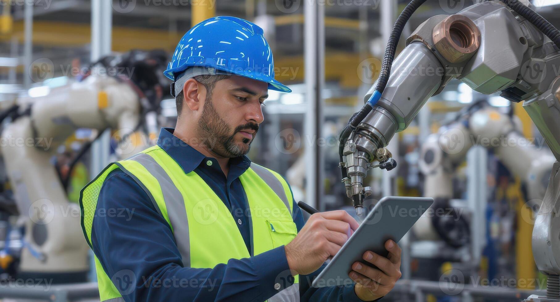 Professional male engineer monitoring robotic arms with digital tablet in modern factory photo