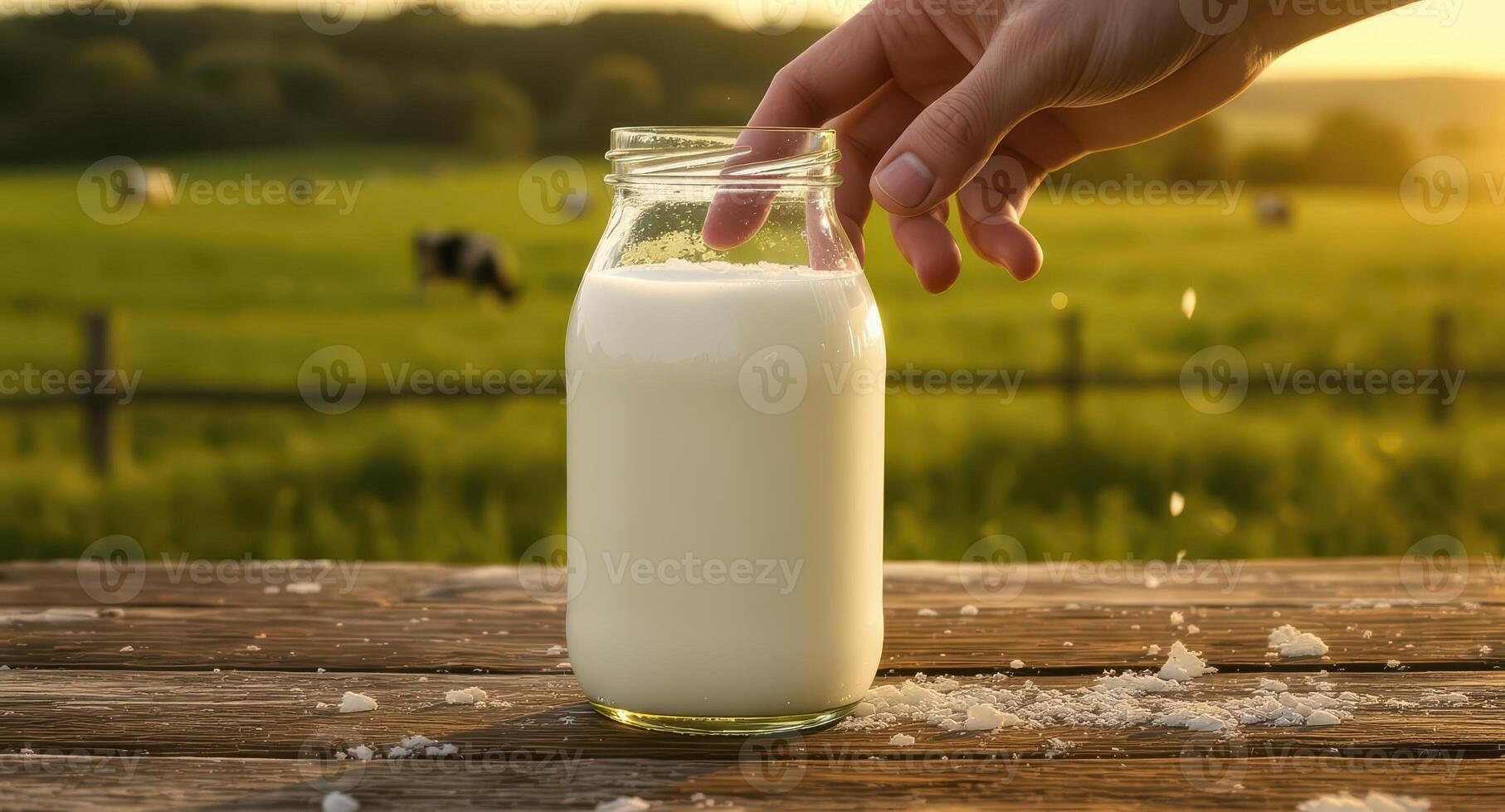 Fresh milk in glass bottle on rustic wooden table with hand and farm landscape photo