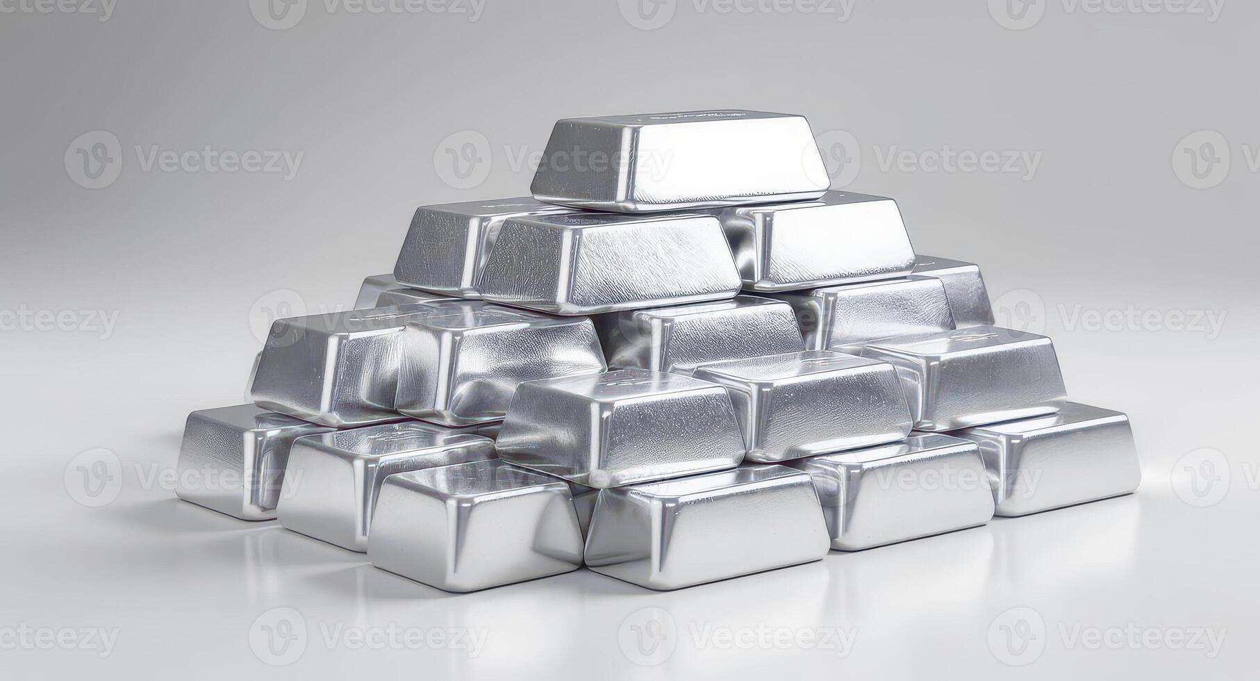 Pyramid stack of shiny aluminum ingots on a clean white background photo