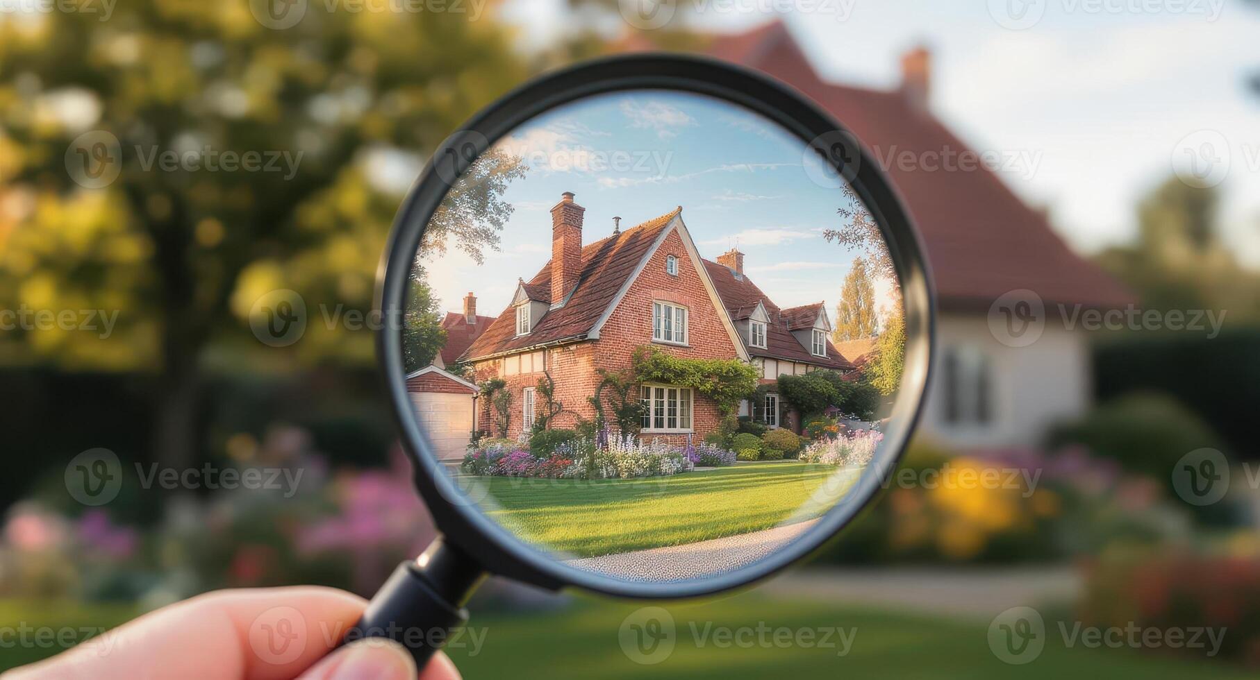 Magnifying glass focusing on a charming brick house, symbolizing real estate search. photo