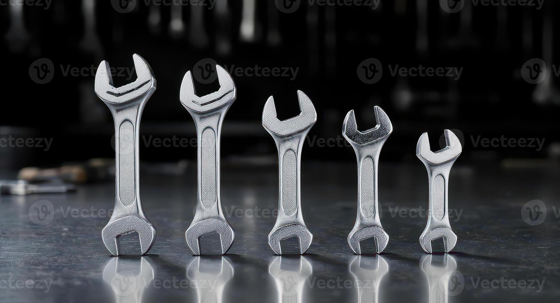 Five precision engineered chrome wrenches of varying sizes standing upright in a studio photo