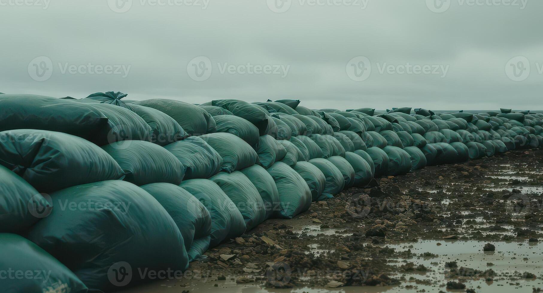 Long winding line of dark green sandbags forming a flood barrier on muddy ground under overcast sky photo