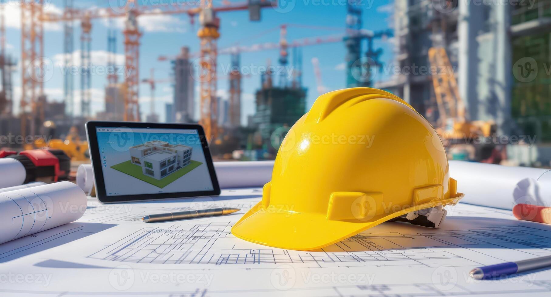 Yellow hard hat, blueprints, and digital tablet on construction site table photo