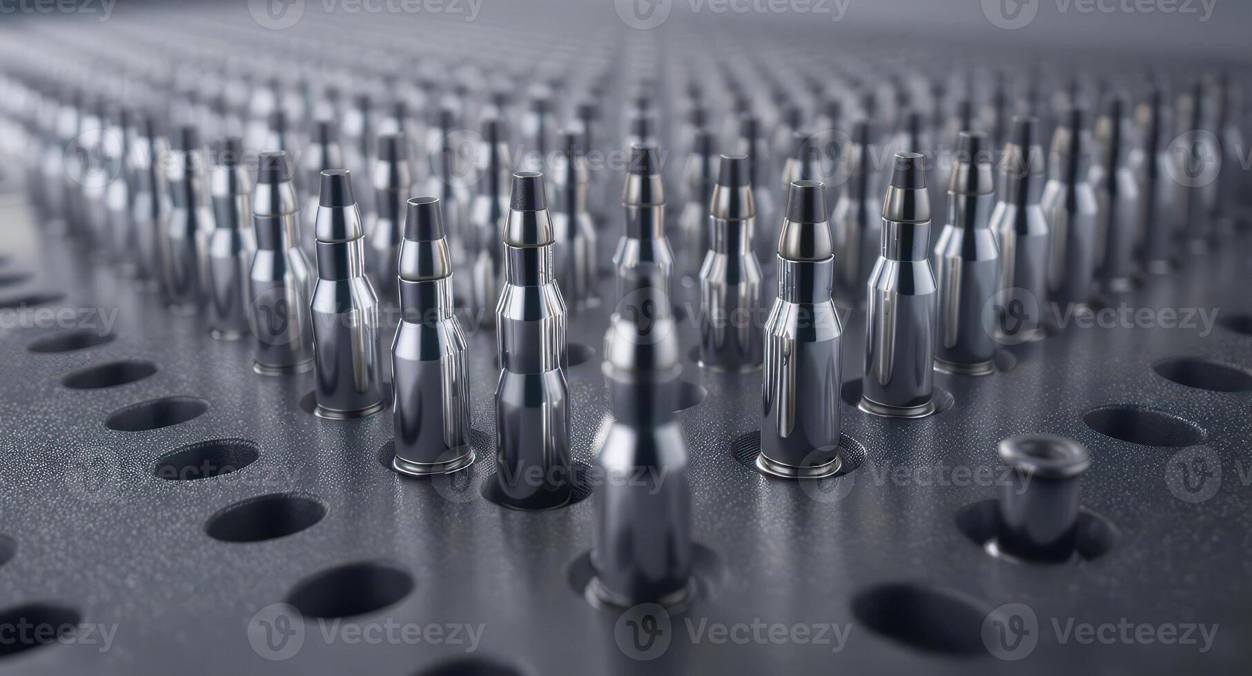 Rows of shiny metallic ammunition cartridges arranged in a precise grid pattern photo