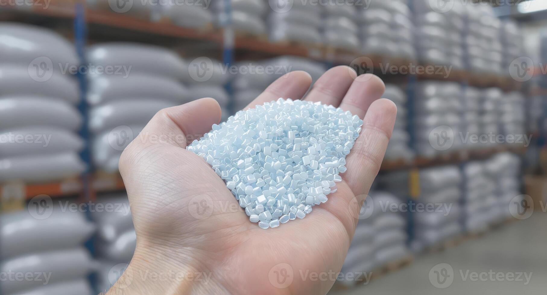 Close up of a hand holding light blue plastic pellets in a factory warehouse photo