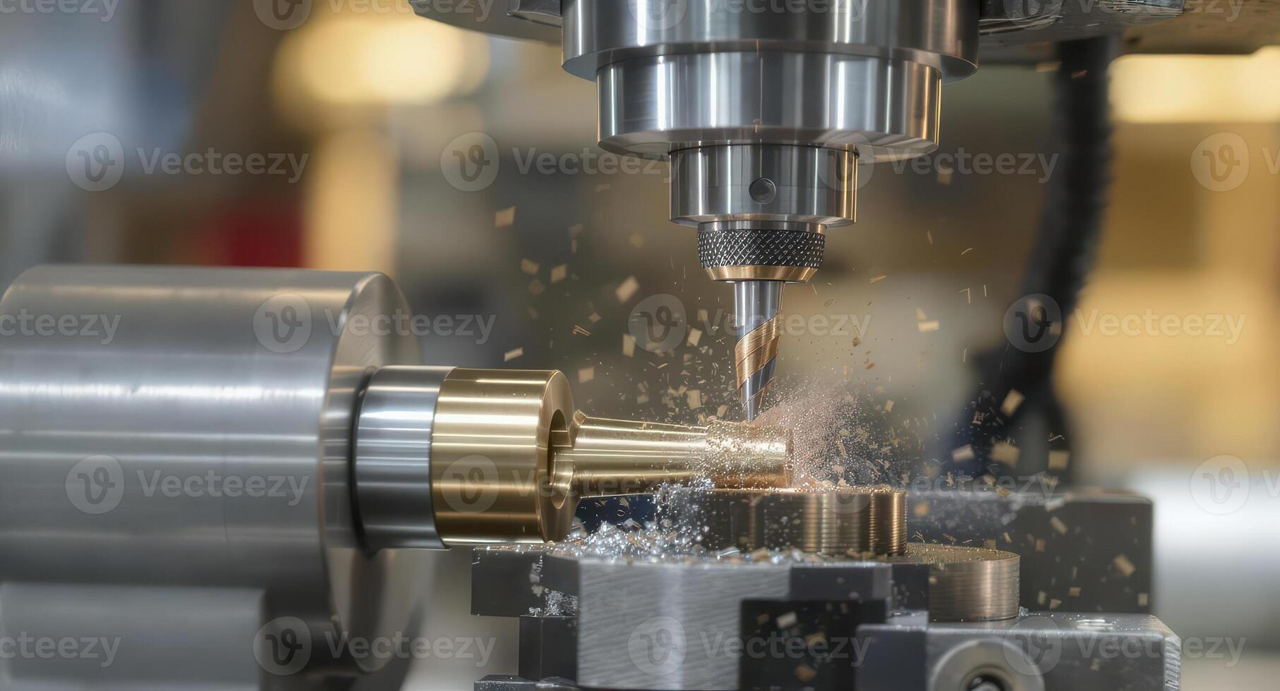 High precision CNC turning machine shaping brass workpiece in manufacturing photo
