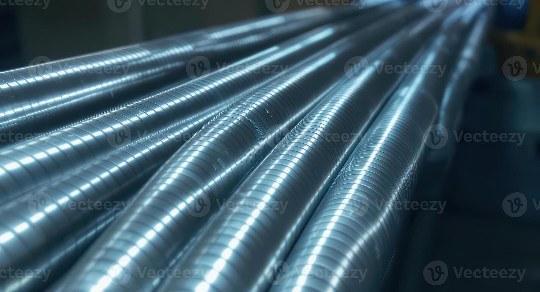 Close up of shiny brushed silver aluminum corrugated high pressure pipes photo