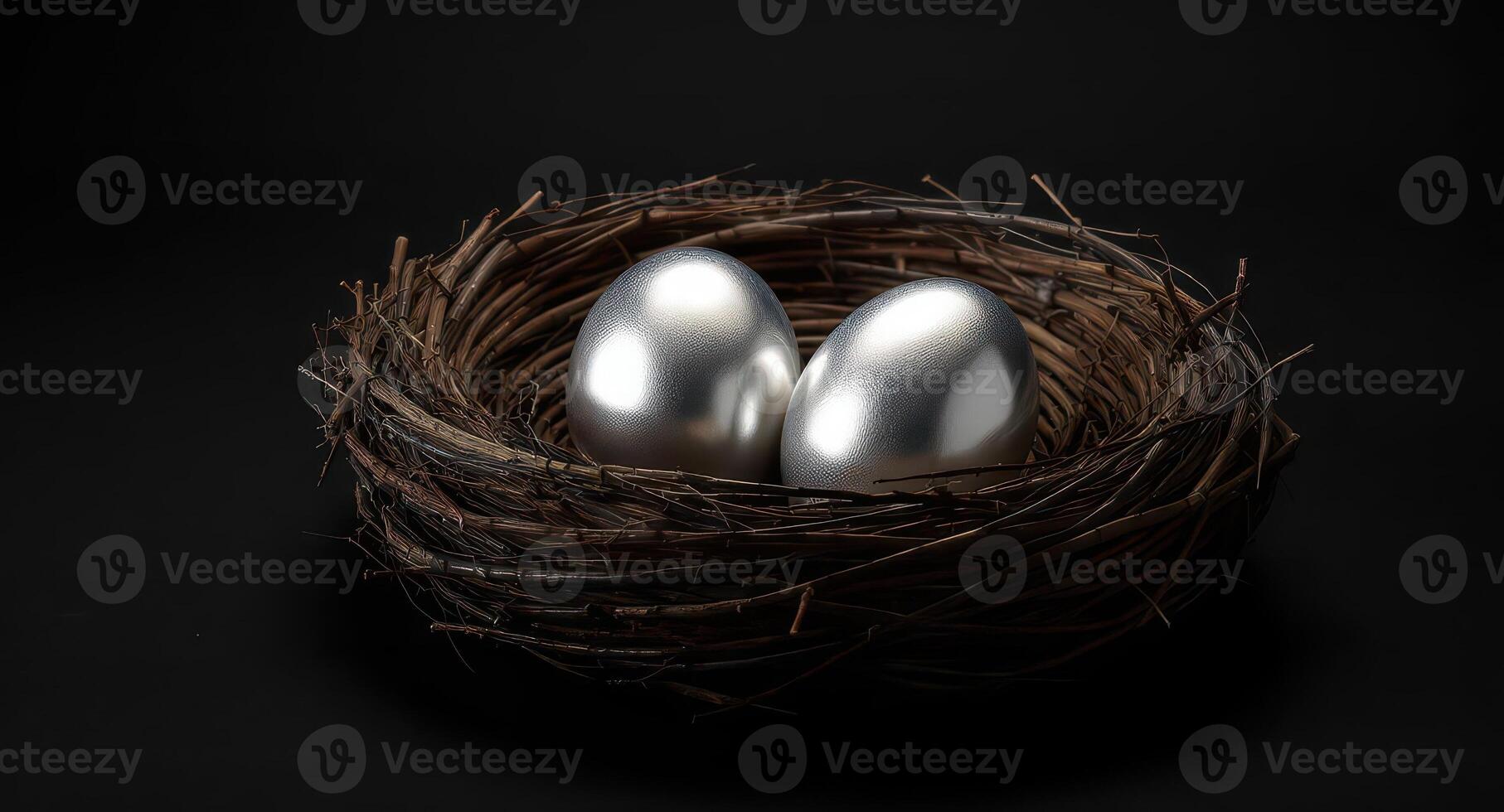 Two shiny silver eggs nestled in a rustic bird nest on a dark background photo