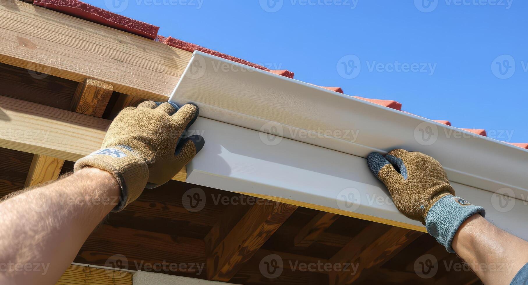 Professional worker installing white plastic soffit panel on building roof structure photo