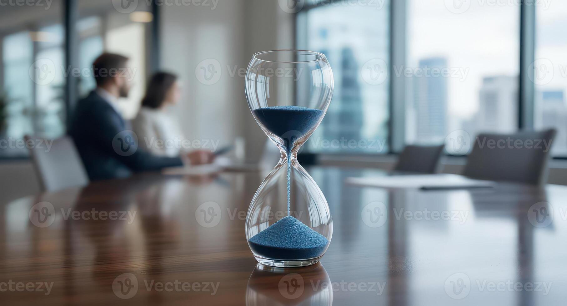 Blue sand hourglass on polished office table in a modern business meeting room photo