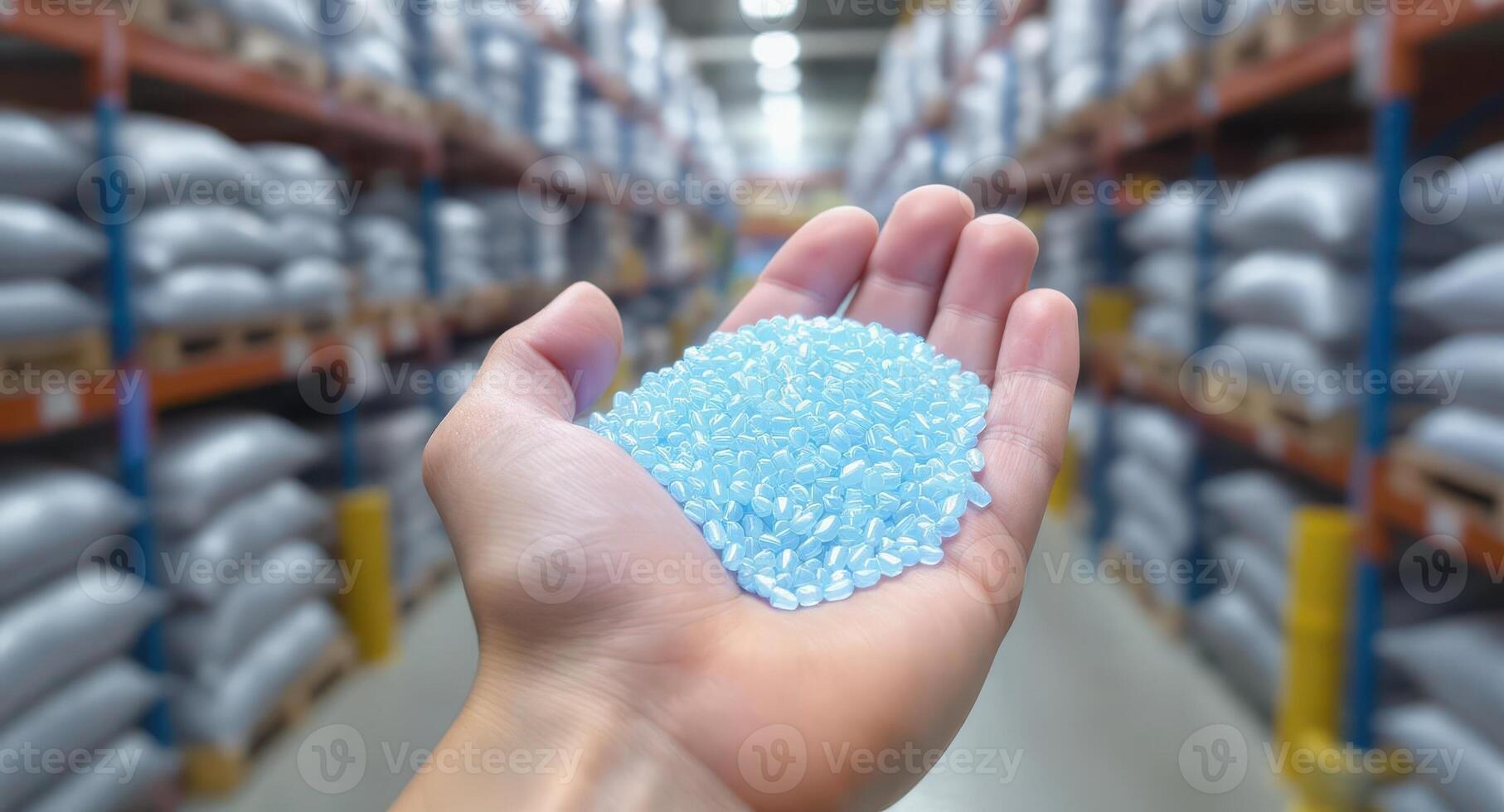 Hand holding light blue plastic pellets, raw material in a warehouse photo
