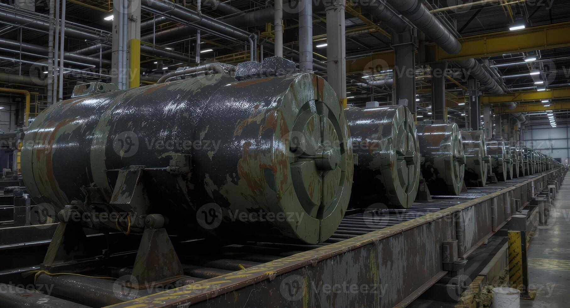 Massive aged artillery shells on a production line in a large industrial factory photo