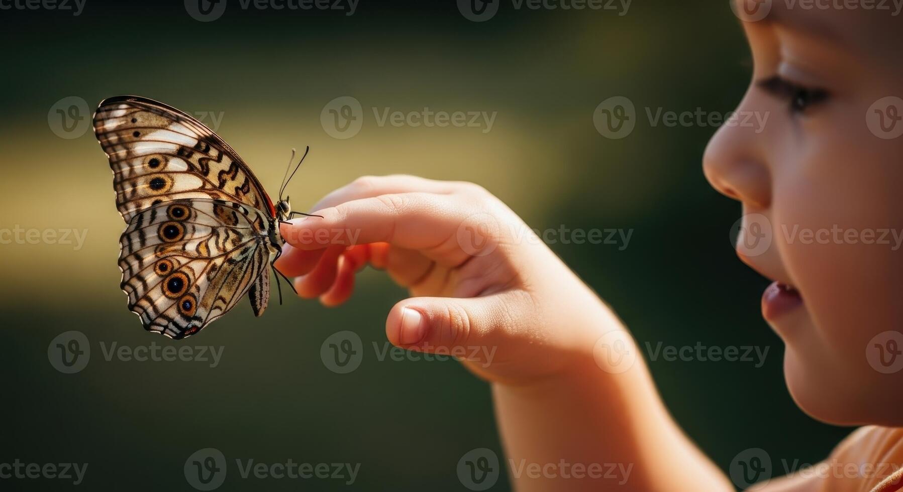 Child hand gently touching a beautiful butterfly in a natural setting photo