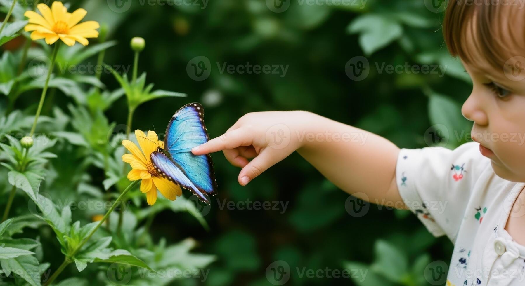 Child hand gently touching a vibrant blue butterfly on a yellow flower in a lush garden photo