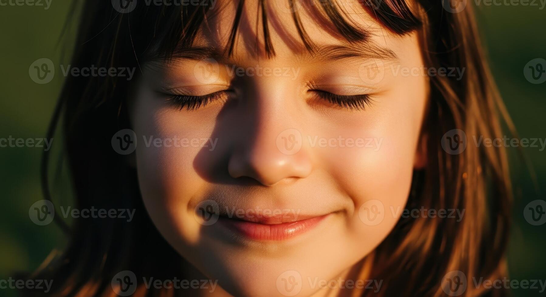 Close up of a young girl face with closed eyes and a soft smile in warm sunlight photo