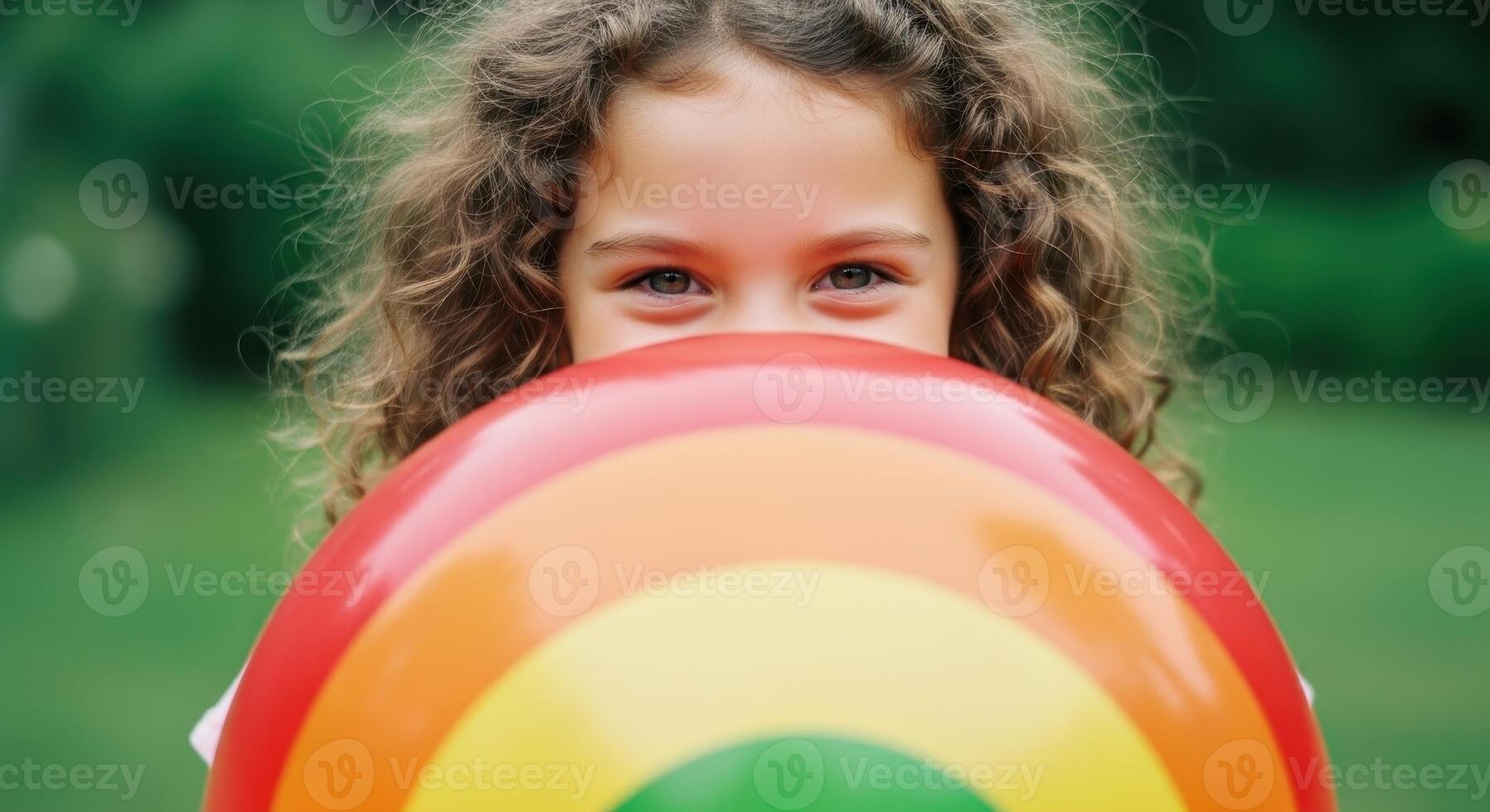 Joyful young girl with curly hair peeking over a vibrant rainbow ball photo