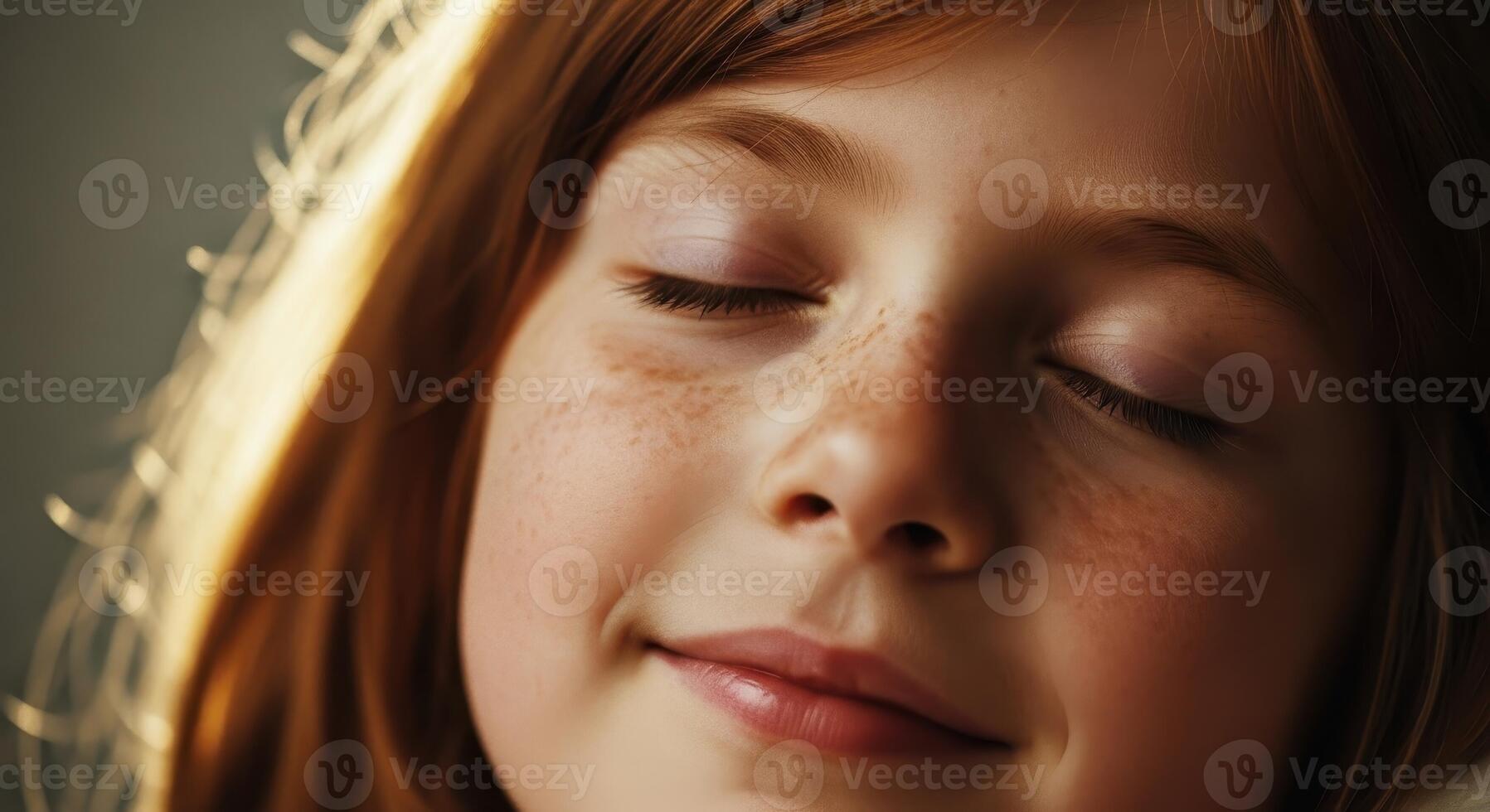 Close up portrait of a young girl with red hair and freckles, eyes closed, soft smile photo