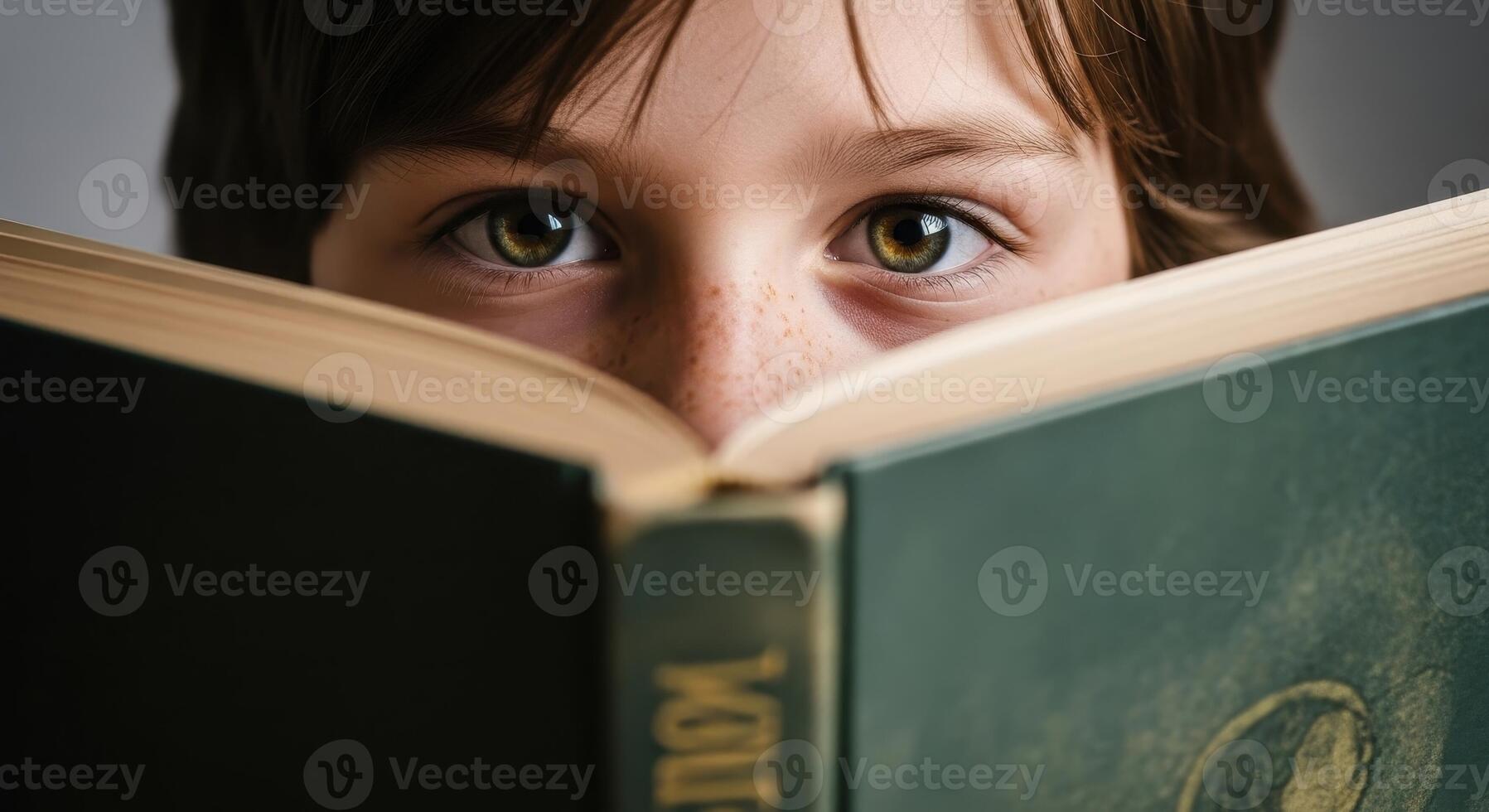 Child curious eyes peeking over an open book, immersed in reading and learning photo