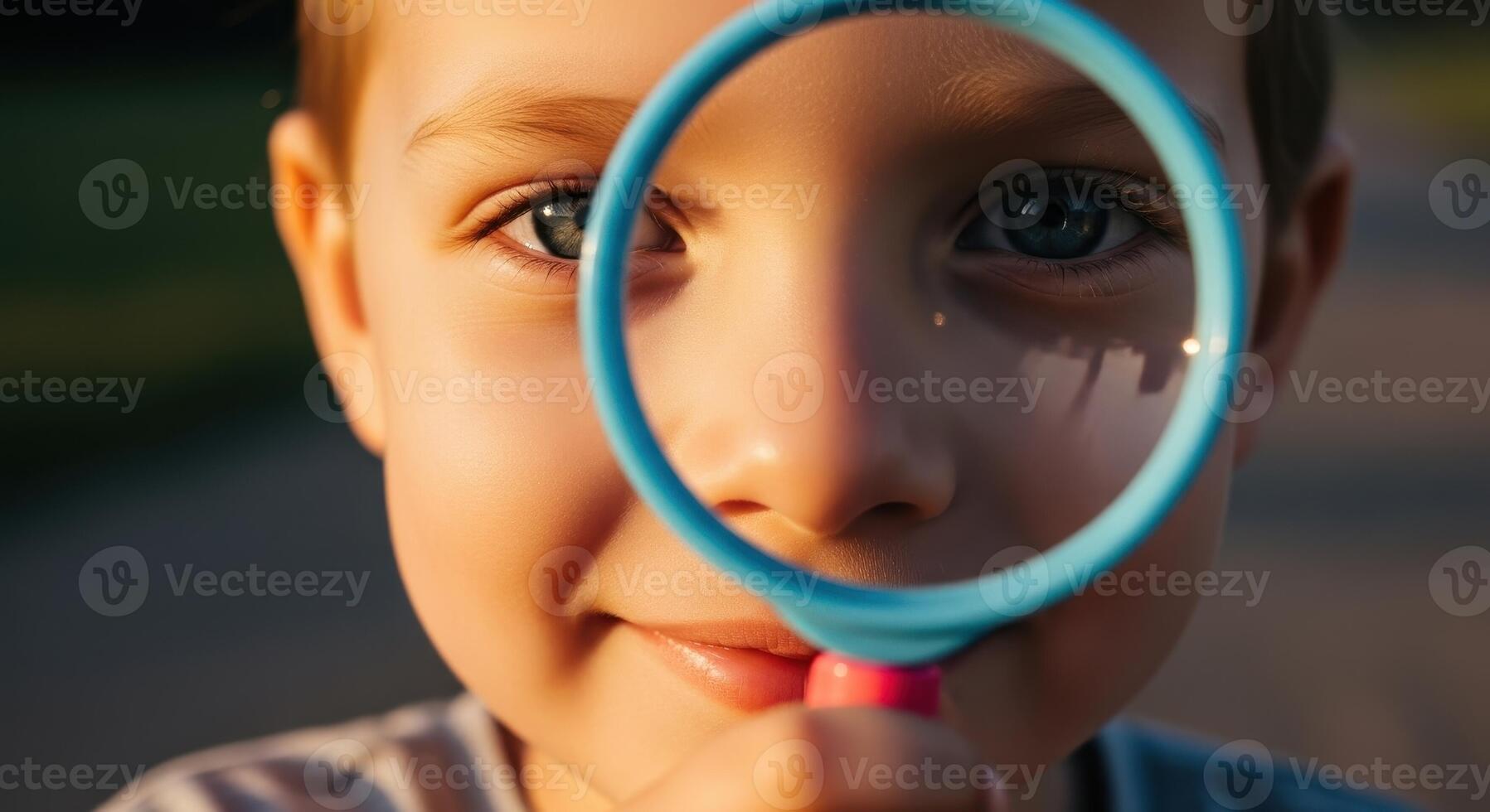Curious young boy holding a blue toy magnifying glass over his eye, exploring with wonder photo