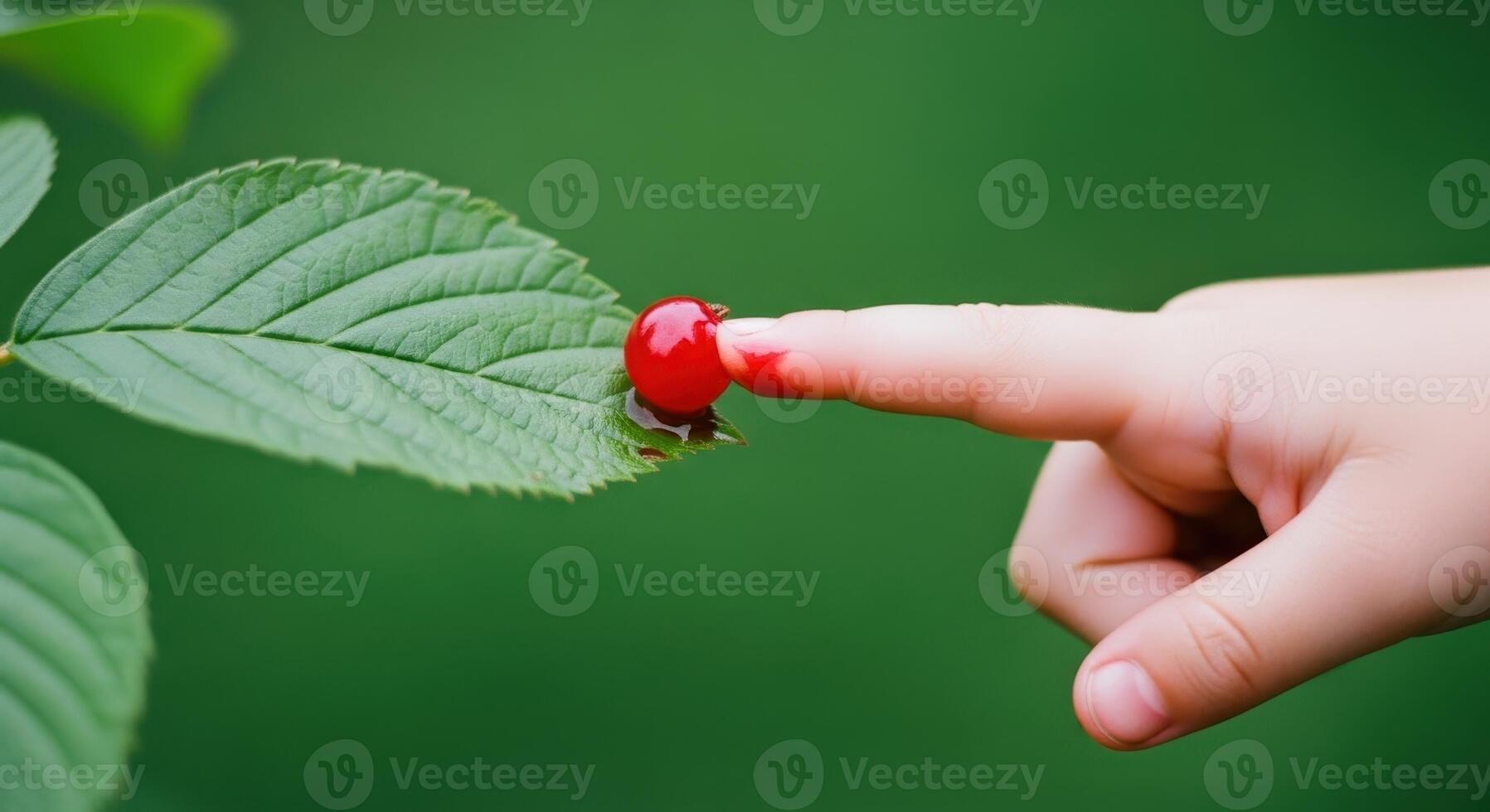 Child finger gently pressing a ripe red berry on a green leaf, juice staining photo