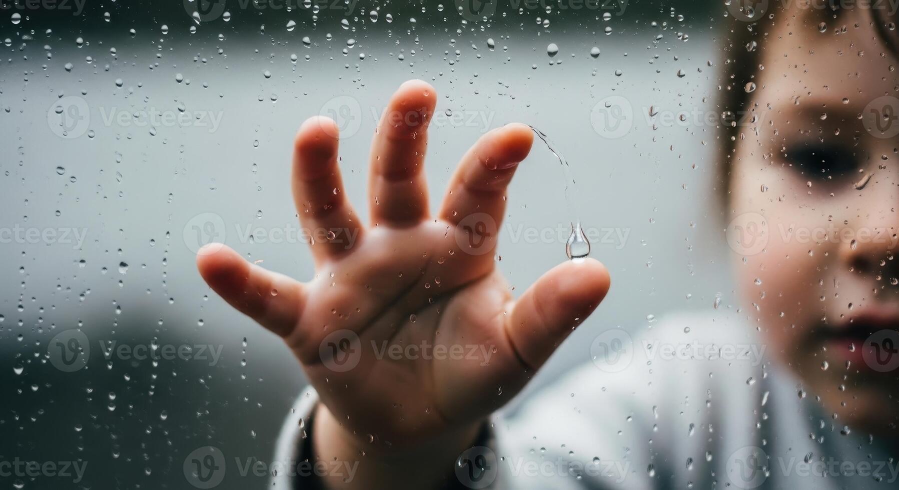 Close up of a child hand touching a single rain drop on a wet windowpane during a rainy day. photo