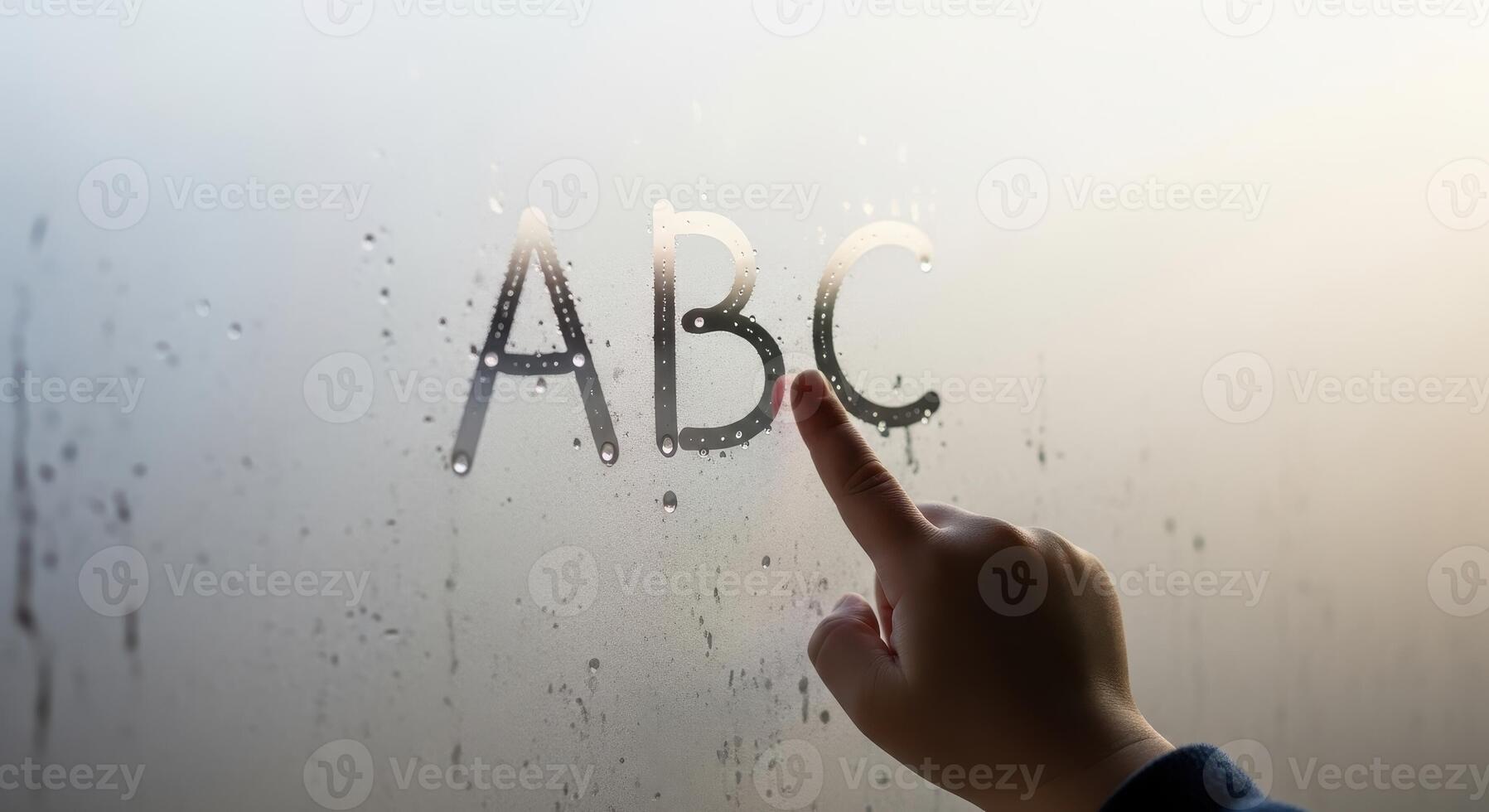 Small child finger tracing ABC letters on a condensation covered window photo