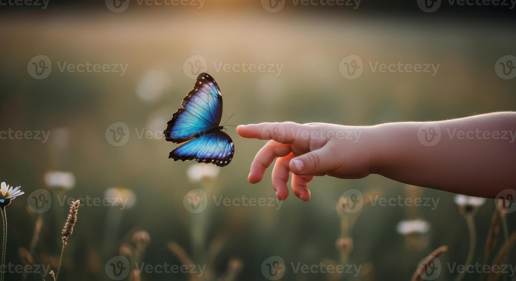 Child hand gently touching a beautiful blue butterfly in a sunlit field photo